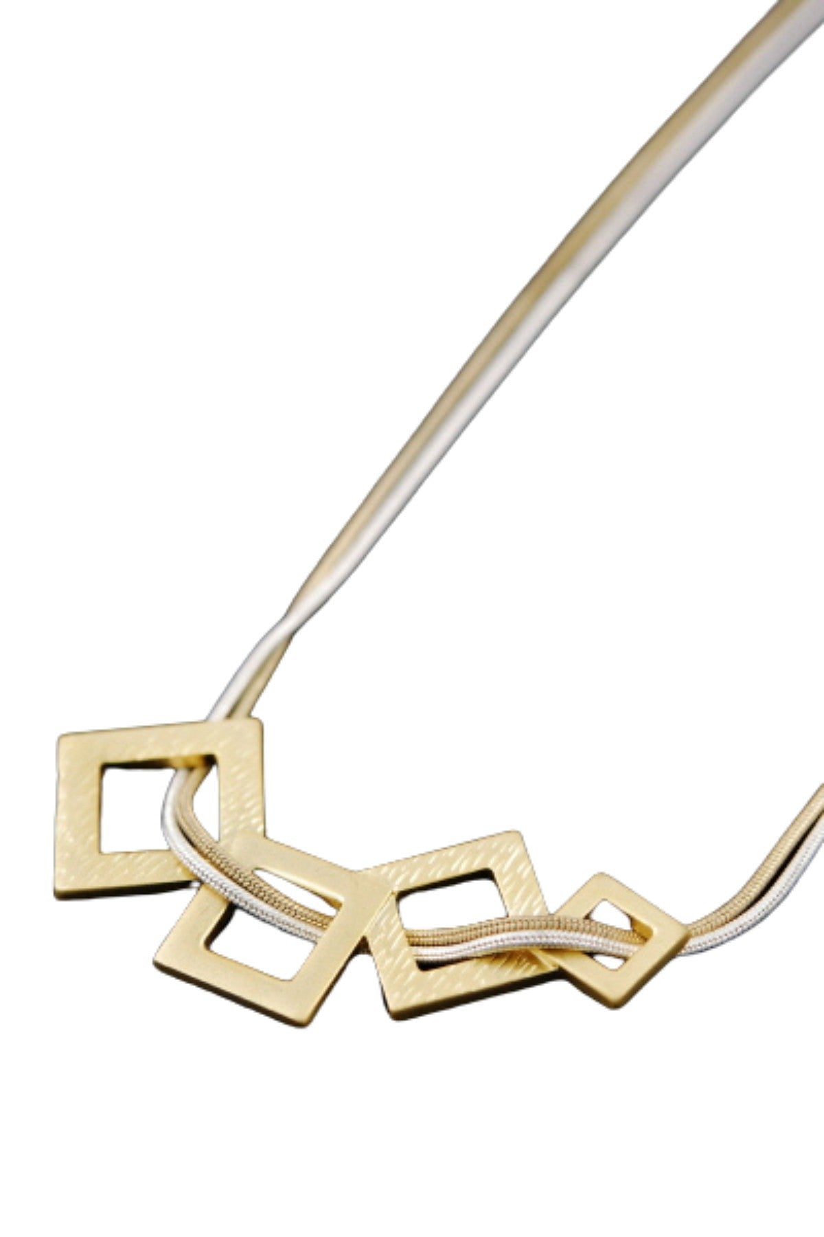 Cut out square link pendant necklace with double metal chains, featuring a lobster claw clasp and extender, elegantly displayed.