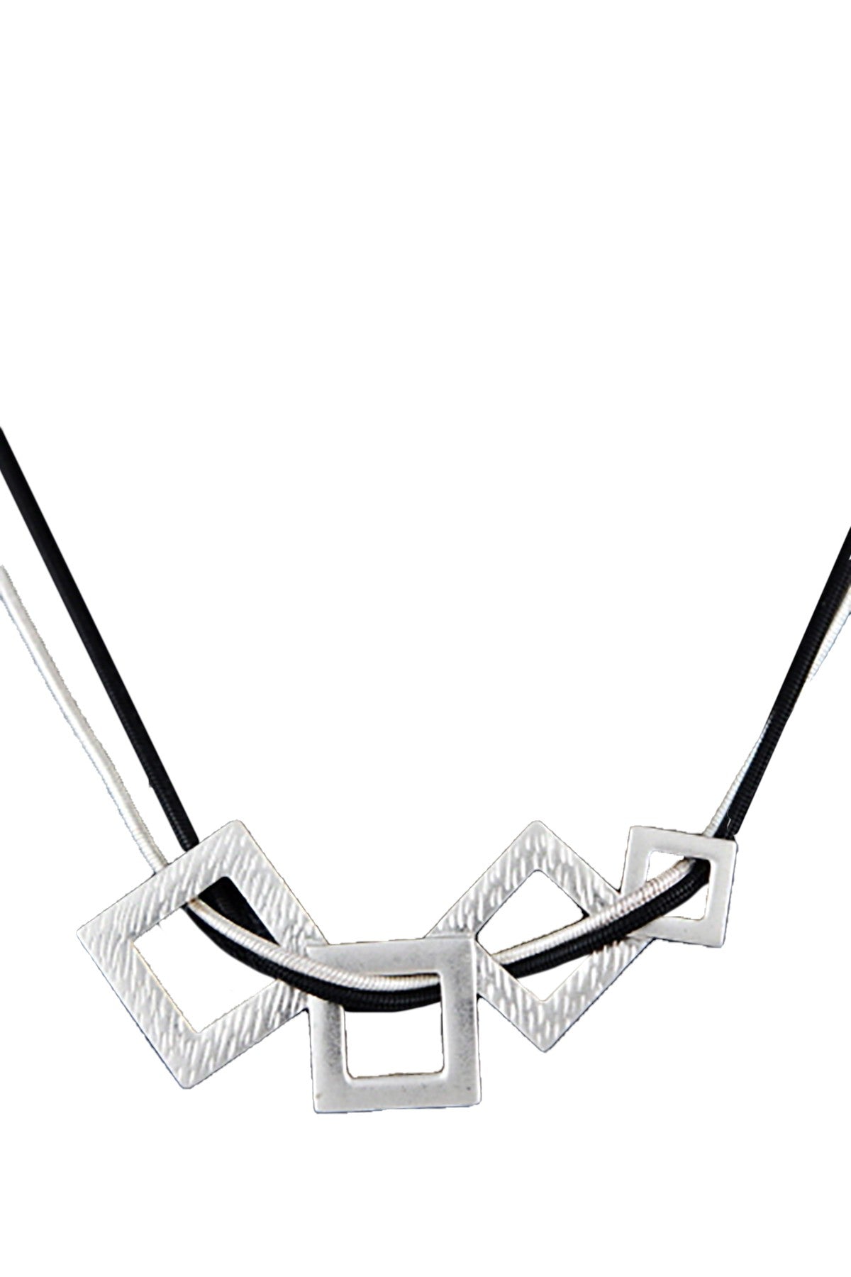 Cut out square link pendant necklace with double metal chains, featuring a lobster claw clasp and extender, elegantly displayed.