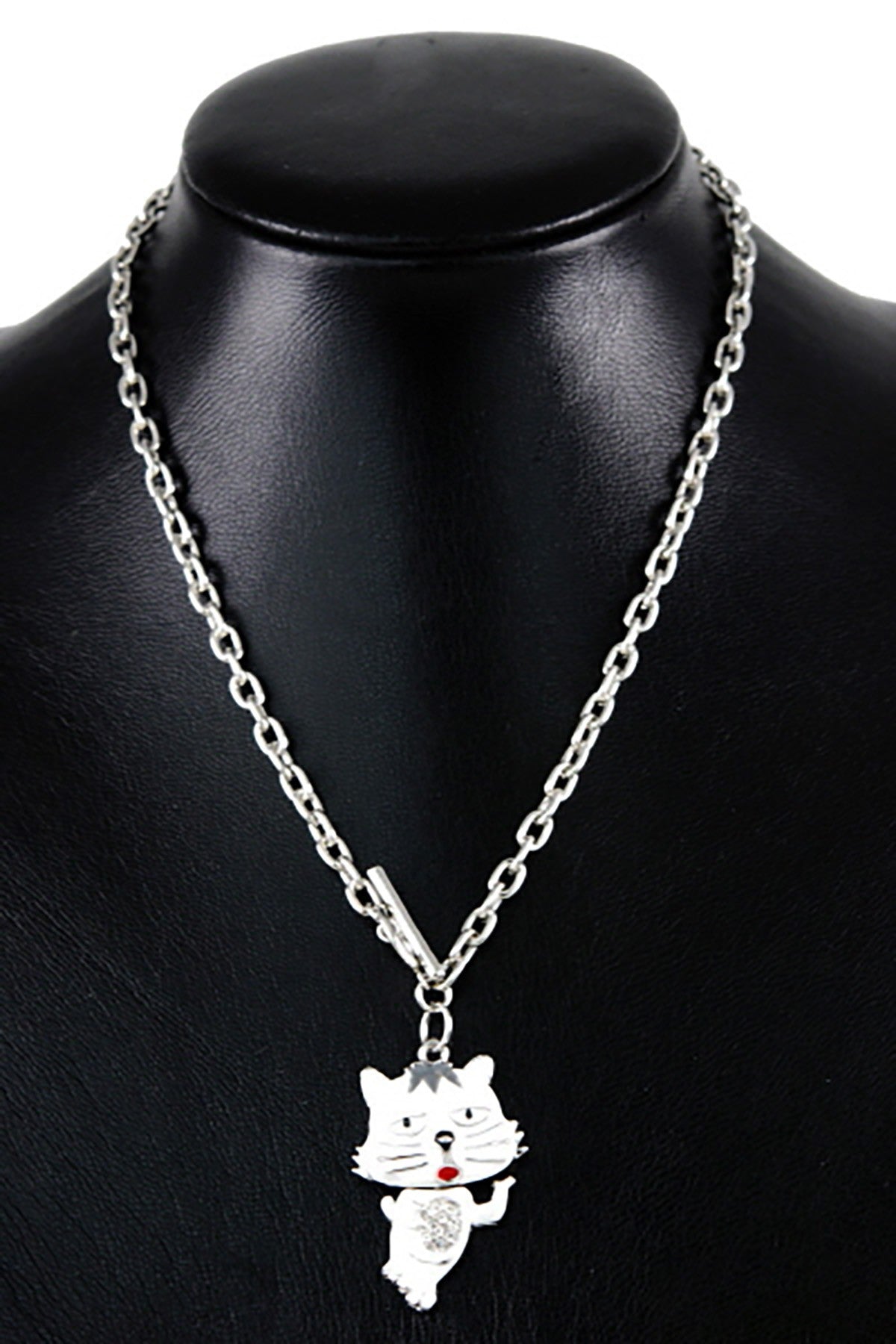 Elegant crystal cat pendant necklace with double plating and 17-inch chain, showcasing a stylish design.