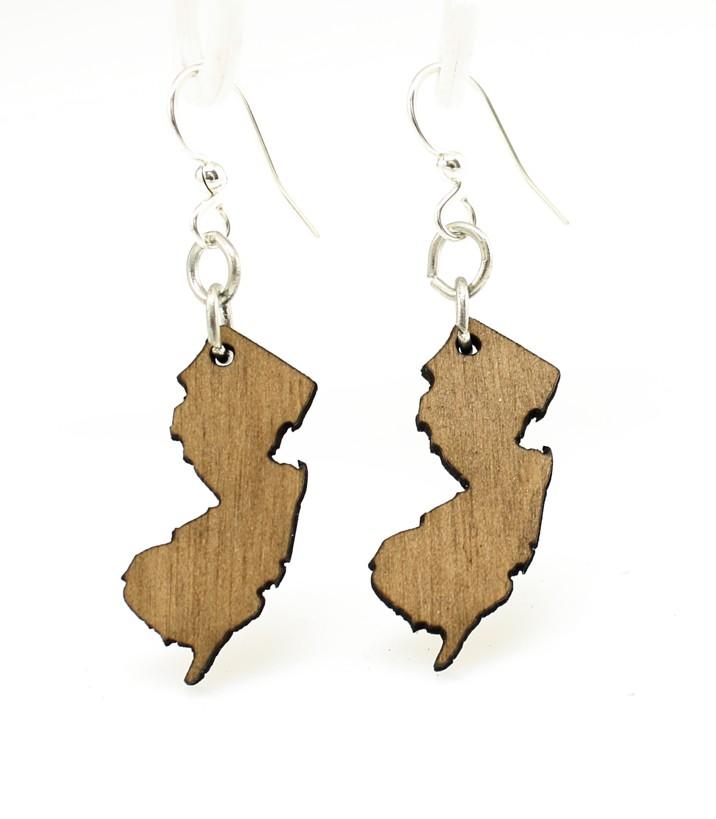 New Jersey State Earrings made from sustainably sourced wood, featuring a tan color and silver-finished stainless steel ear wires.