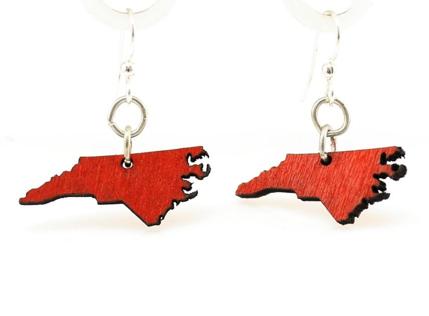 North Carolina State Earrings - S033, lightweight red laser-cut wood earrings with hypoallergenic stainless steel ear wires.