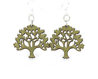 A pair of small Oak Tree Earrings in Apple Green, made from sustainably sourced wood with silver-finished stainless steel ear wires.