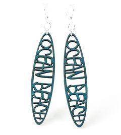 Ocean Beach Earrings #1040 in teal, made from sustainably sourced wood with silver-finished stainless steel ear wires.