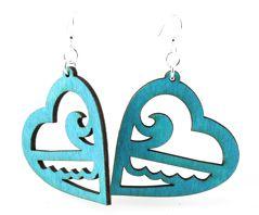 Ocean Heart Earrings # 1083 made from sustainably sourced wood, featuring a heart shape and aqua marine color, with silver-finished hypoallergenic ear wires.