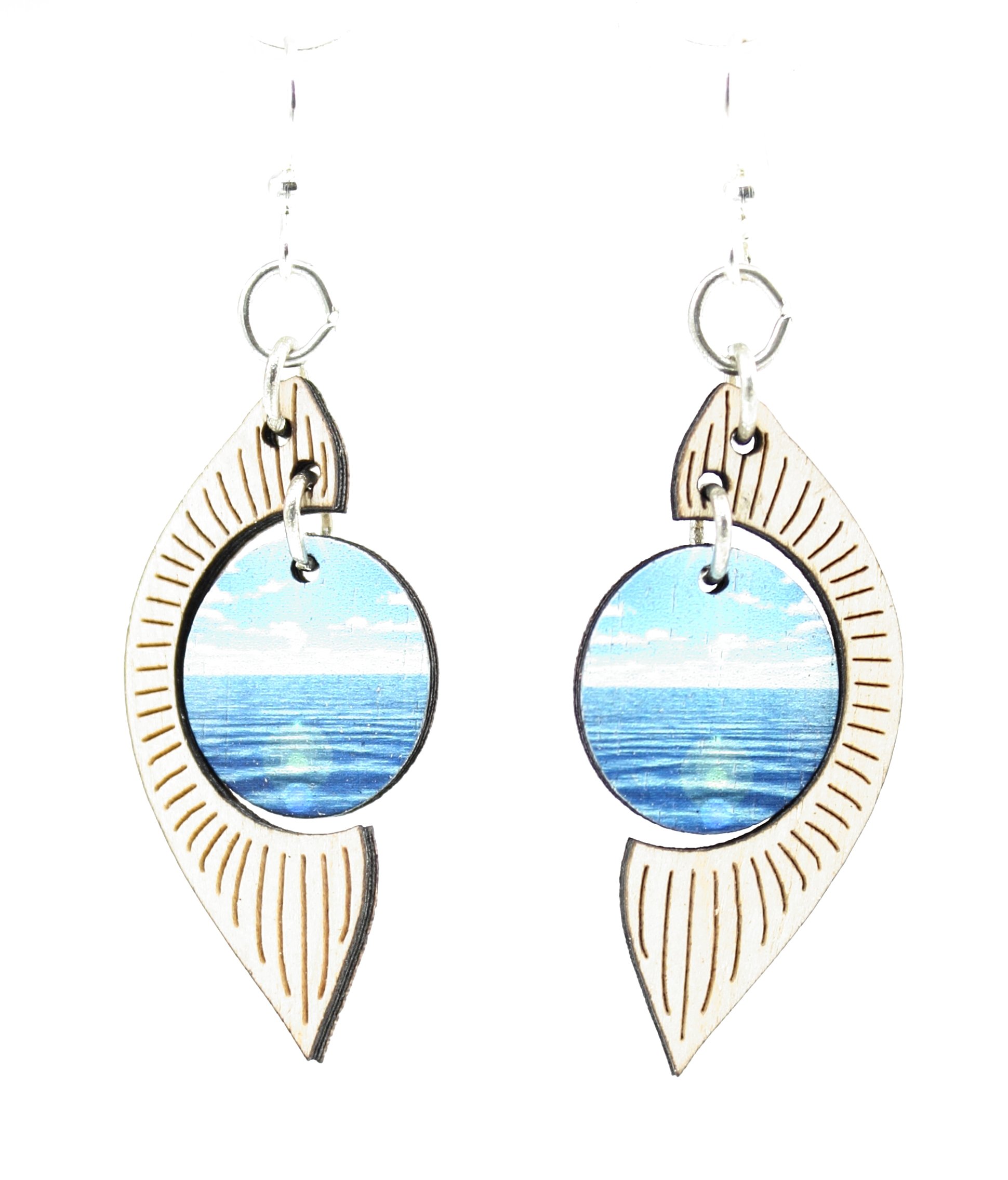 Elegant Ocean Pearl Earrings #1528 featuring a seashell design and hypoallergenic silver-finished ear wires, made from sustainably sourced wood.