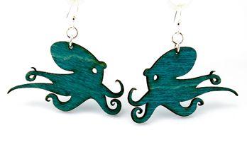 Teal octopus earrings made from sustainably sourced wood, featuring intricate laser-cut design and hypoallergenic stainless steel ear wires.