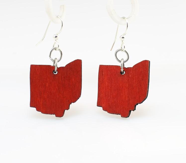 Ohio State Earrings - S035, lightweight red laser-cut wood earrings with hypoallergenic silver-finished ear wires.