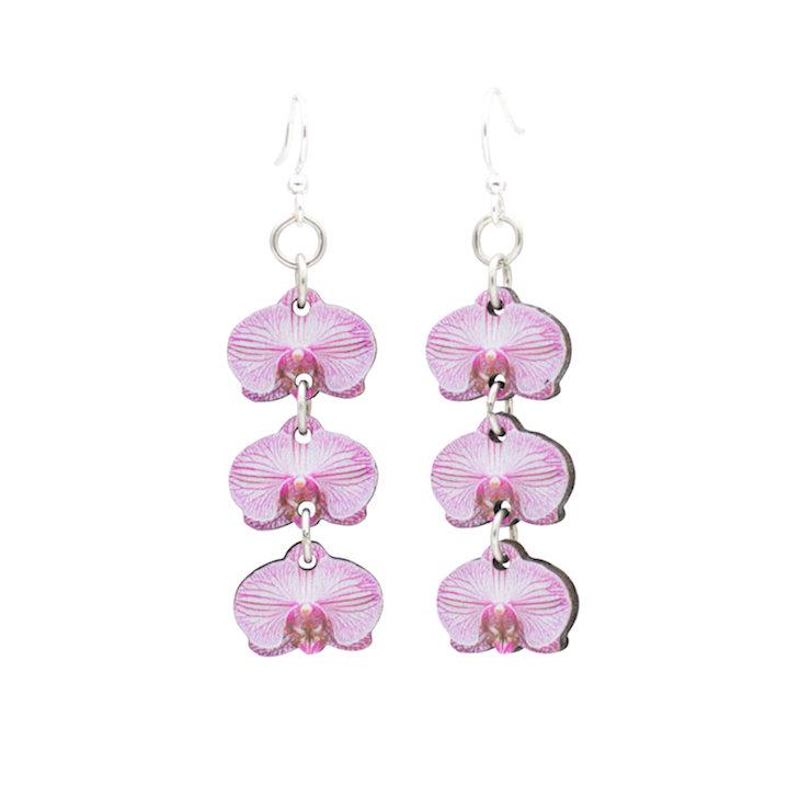 Orchid Blossoms #195 earrings featuring sustainably sourced wood and hypoallergenic silver-finished ear wires, showcasing a vibrant design.