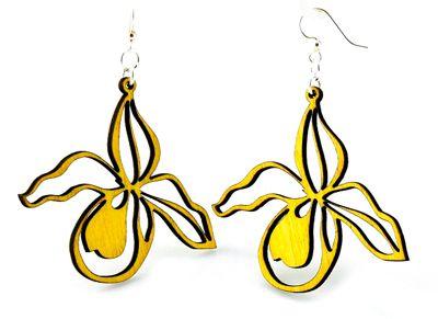 A pair of vibrant Lemon Yellow Orchid Earrings, intricately laser-cut from sustainable wood, featuring hypoallergenic stainless steel ear wires.