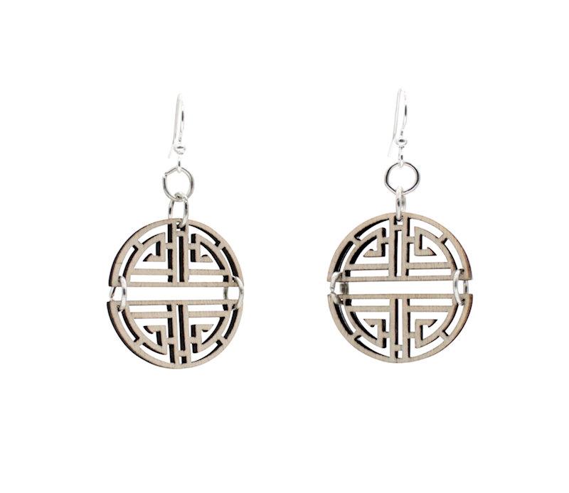 A pair of Oriental Good Luck Symbol Earrings made from sustainably sourced wood, featuring a laser-cut design and silver-finished stainless steel ear wires.