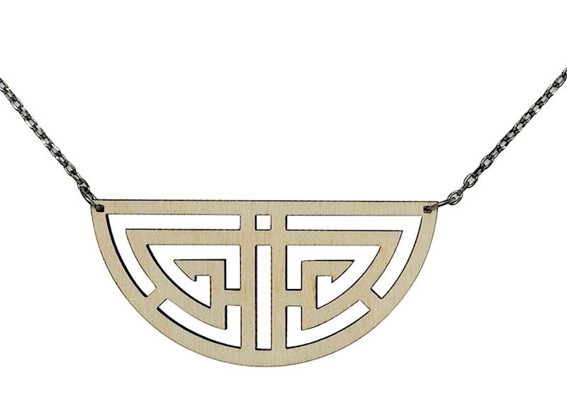 Oriental Good Luck Symbol Necklace featuring laser-cut wood and stainless steel chain, designed for style and essential oil diffusion.