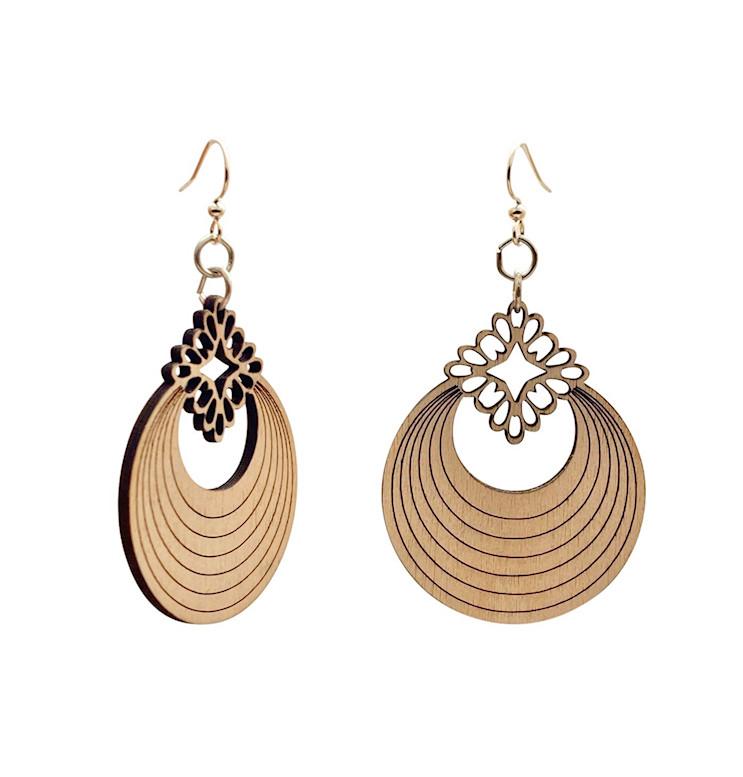 Ornamental Circlet Earrings made from sustainably sourced wood, featuring a unique circular design and silver-finished hypoallergenic ear wires.