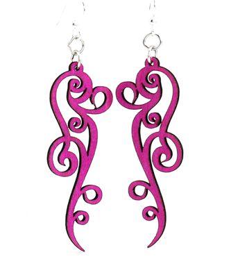 Ornate Scroll Design Earrings in Fuchsia, showcasing intricate laser-cut wood and hypoallergenic stainless steel ear wires.