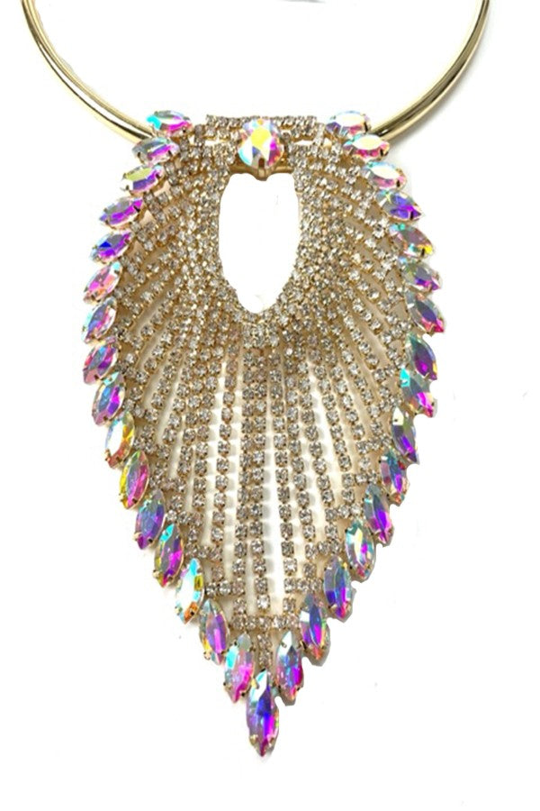 Oversized rhinestone pendant choker necklace with a large round crystal stone, featuring a lobster claw clasp and extender.