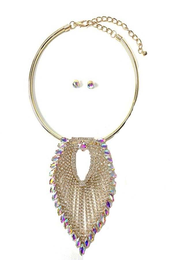 Oversized rhinestone pendant choker necklace with a large round crystal stone, featuring a lobster claw clasp and extender.