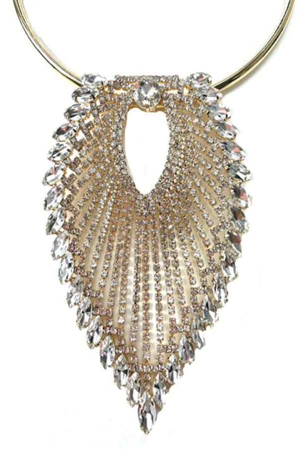 Oversized rhinestone pendant choker necklace with a large round crystal stone, featuring a lobster claw clasp and extender.