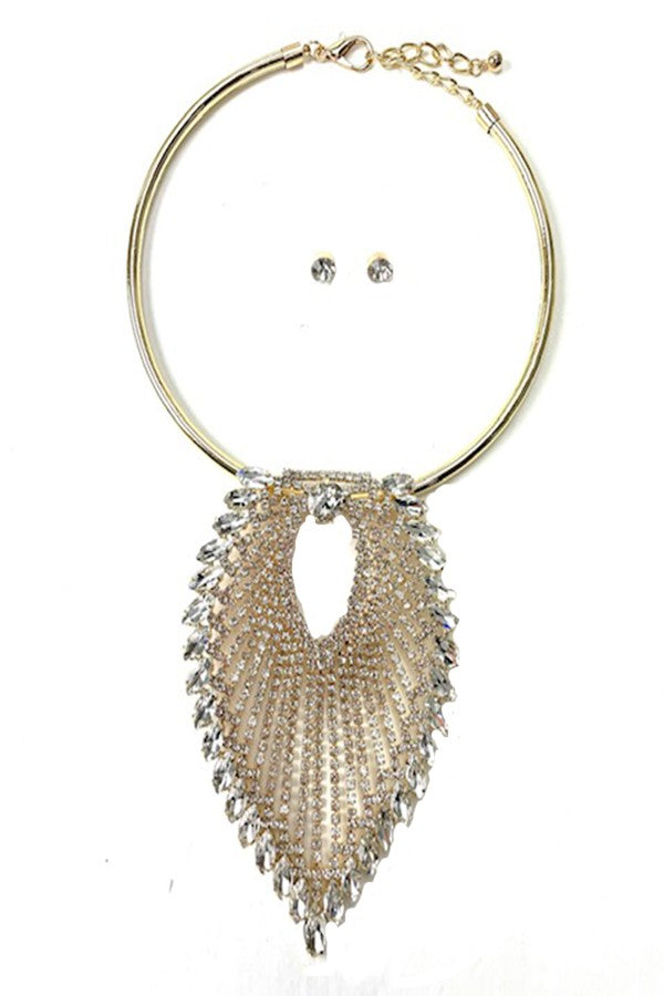 Oversized rhinestone pendant choker necklace with a large round crystal stone, featuring a lobster claw clasp and extender.