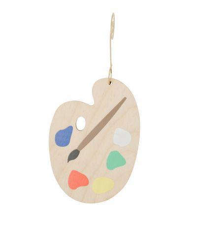 Painter's Palette Ornament #9959 made from eco-friendly birch wood or recycled paper, featuring a vibrant design and glossy finish.