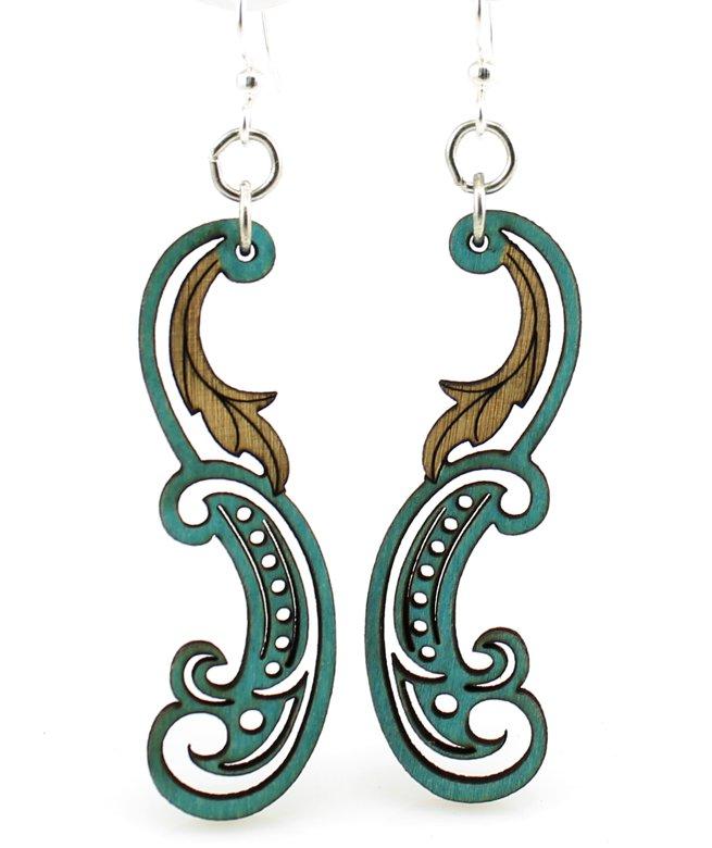 Teal paisley leaf earrings made from sustainably sourced wood with silver-finished stainless steel ear wires.