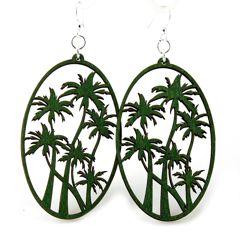 A pair of vibrant Kelly Green palm tree earrings made from sustainably sourced wood, featuring silver-finished stainless steel ear wires.