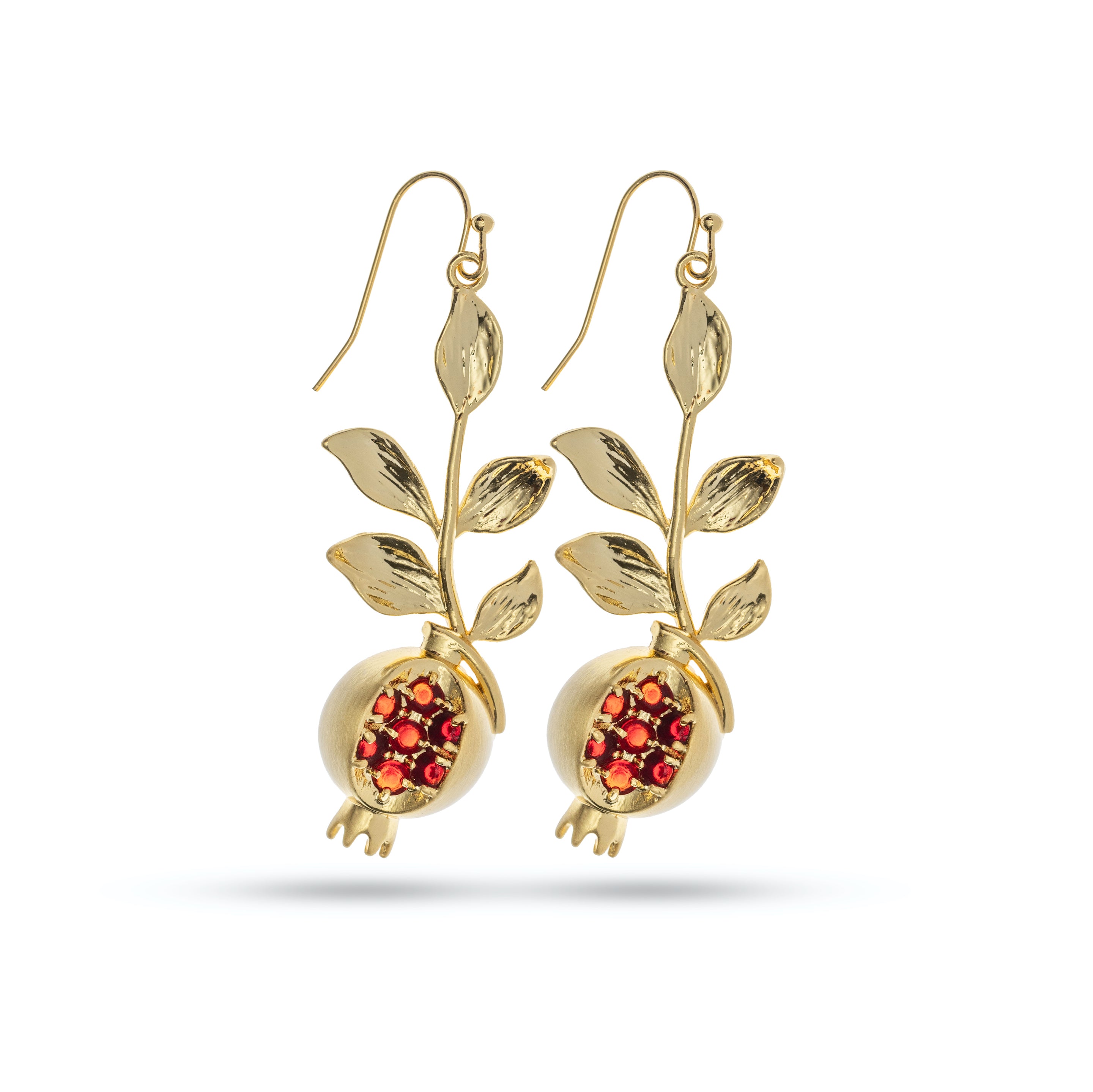 Pamela Twig Earrings featuring a half open pomegranate design with intricate seed and leaf details, crafted in gold-plated metal with zircon gemstones.