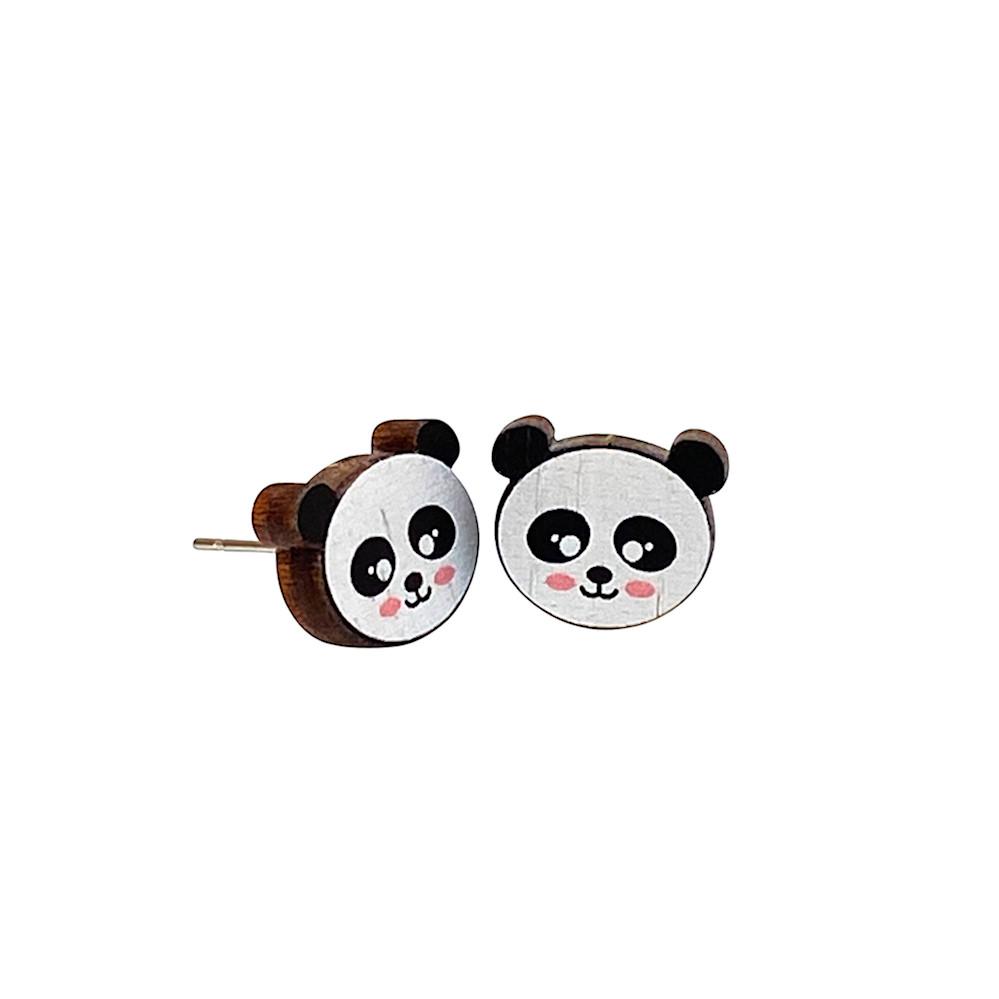 A pair of adorable panda stud earrings made from sustainably sourced wood, featuring a cute design with a natural wood back.