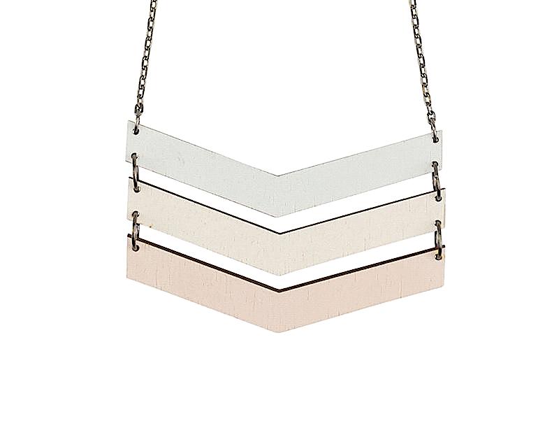 Pastel Chevron Necklace #6112 featuring laser-cut wood design and stainless steel chain, ideal for stylish and eco-conscious wearers.