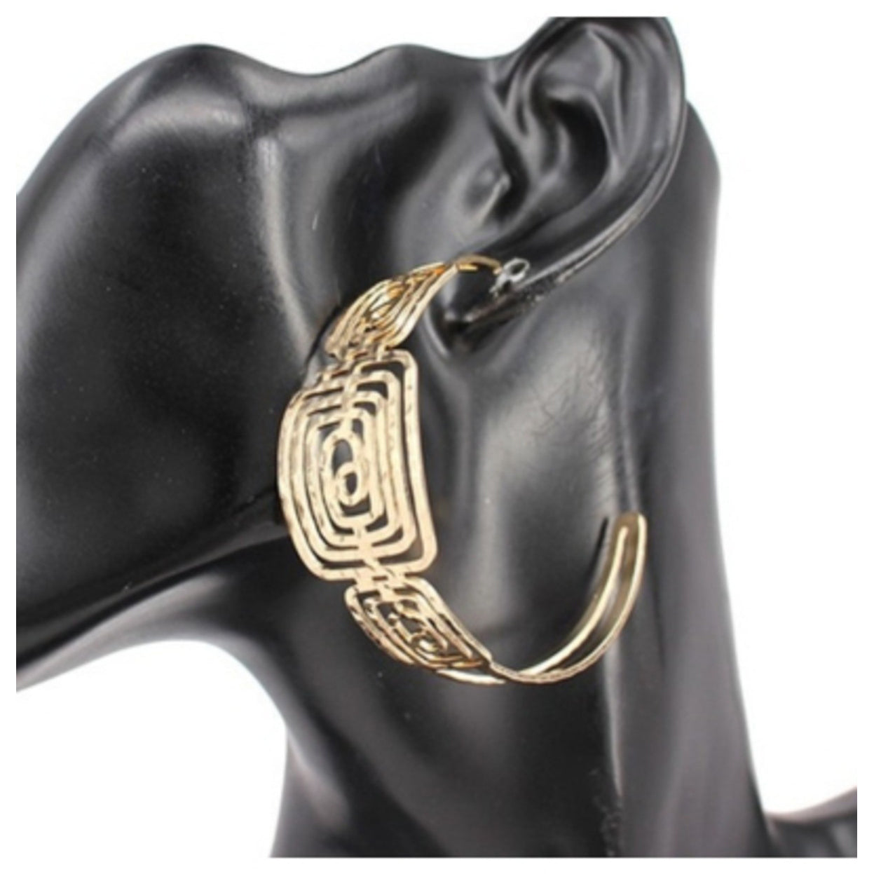 Stylish Pattered Metal Hoop Earrings with intricate design, lead and nickel compliant, featuring a secure post back closure.