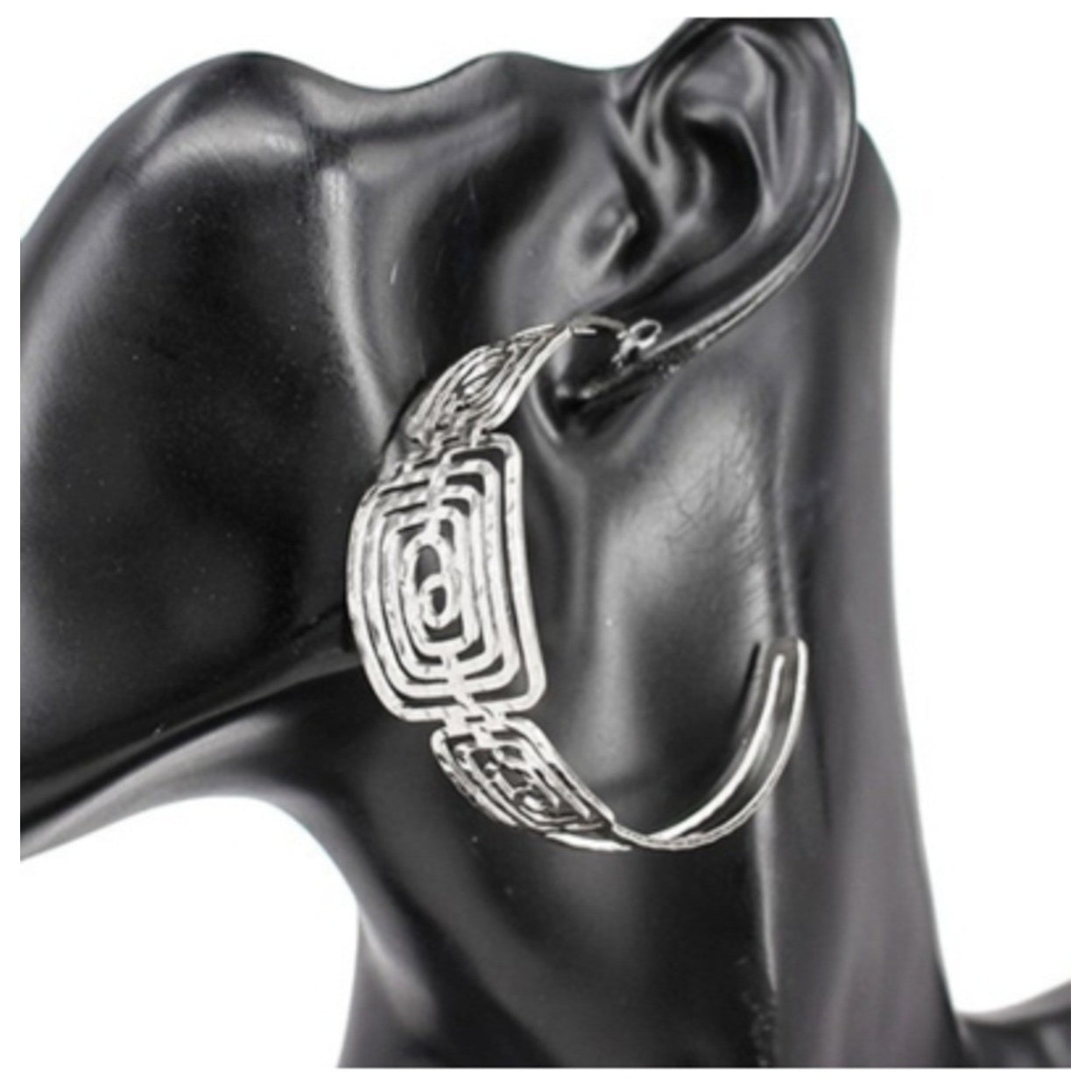 Stylish Pattered Metal Hoop Earrings with intricate design, lead and nickel compliant, featuring a secure post back closure.