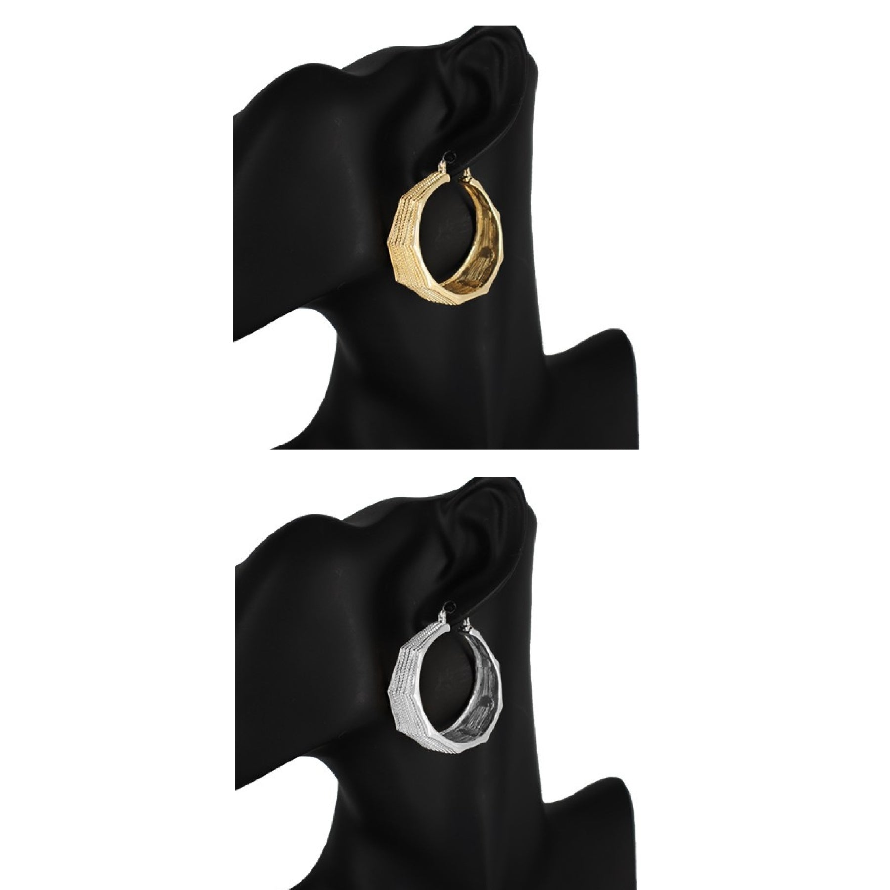 Patterned metal octagon shape ring earrings with a unique design, featuring a lever back closure for easy wear.