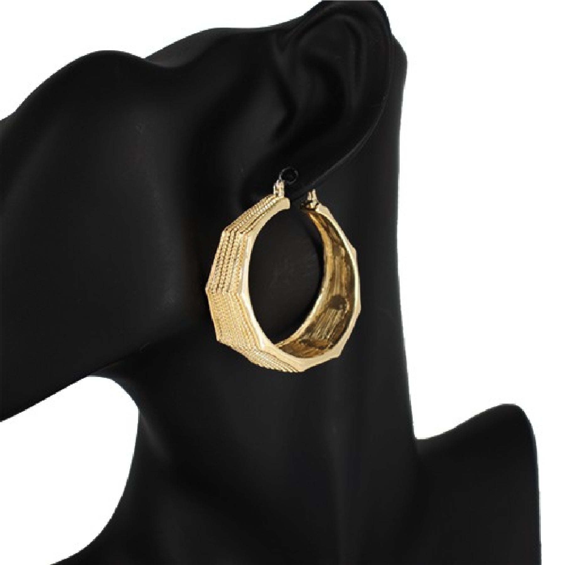 Patterned metal octagon shape ring earrings with a unique design, featuring a lever back closure for easy wear.