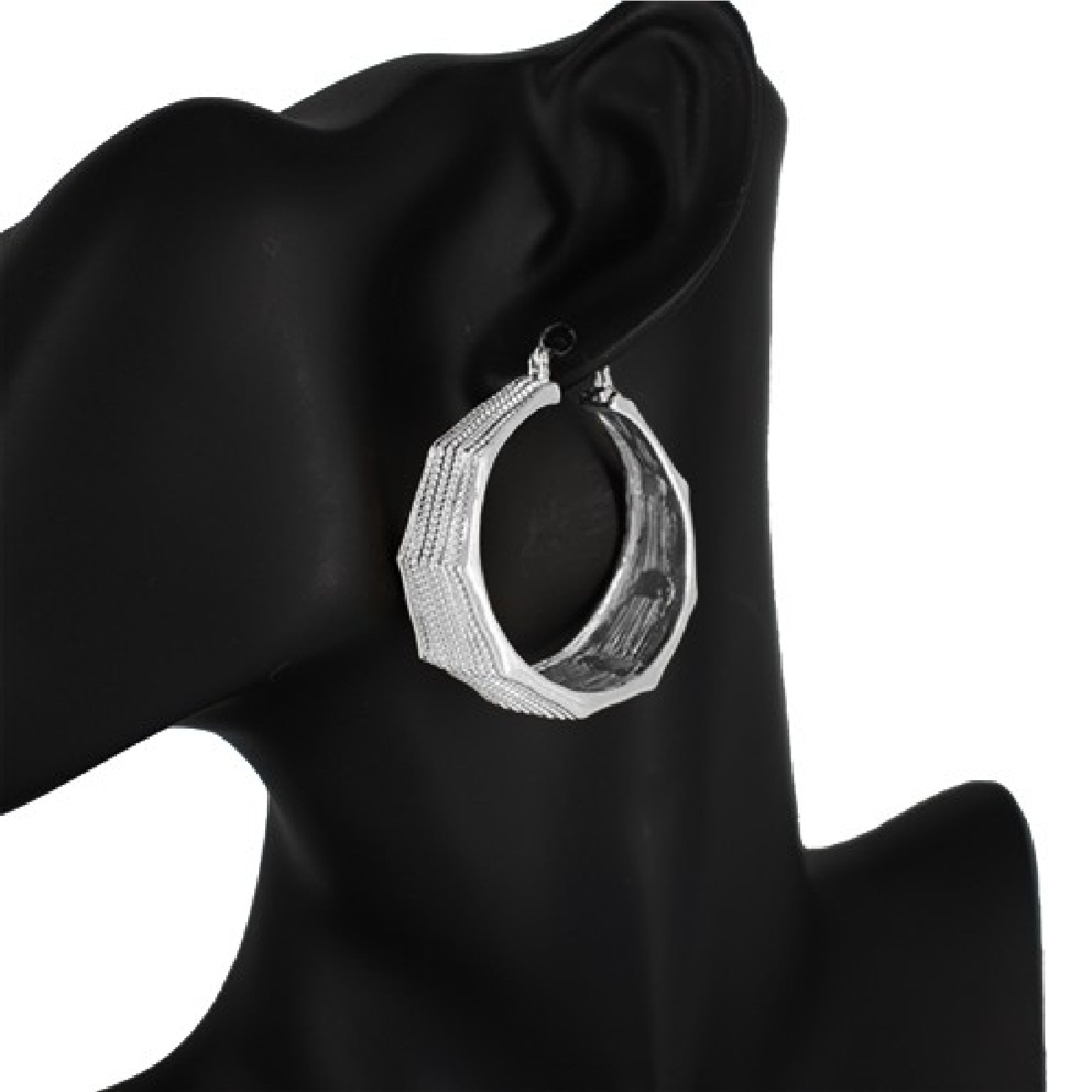 Patterned metal octagon shape ring earrings with a unique design, featuring a lever back closure for easy wear.