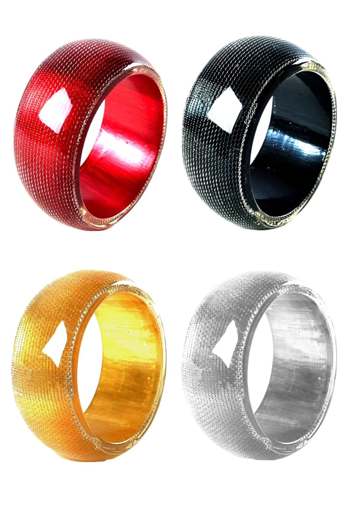 A colorful patterned plastic bangle with a 3-inch diameter, showcasing a stylish design suitable for various outfits.