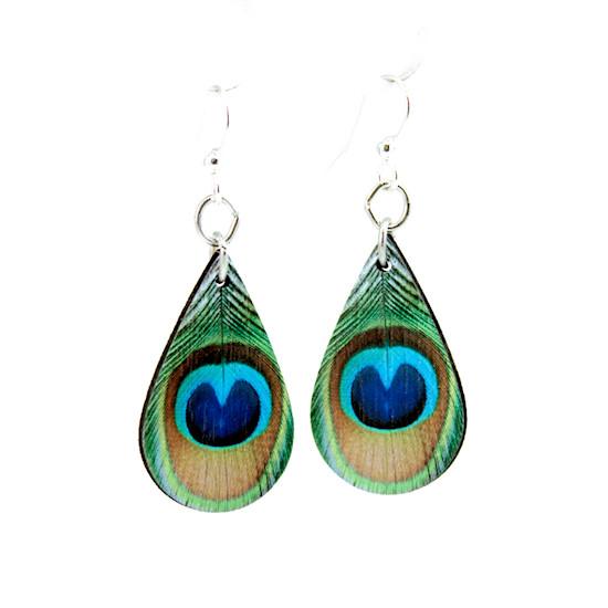 A pair of Peacock Feather Earrings featuring vibrant colors and a natural wood back, designed for style and comfort.