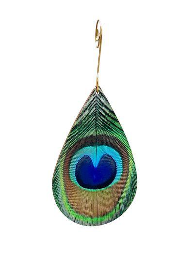 Peacock Feather Ornament #9919 made from eco-friendly birch wood and recycled paper, showcasing intricate laser-cut design.