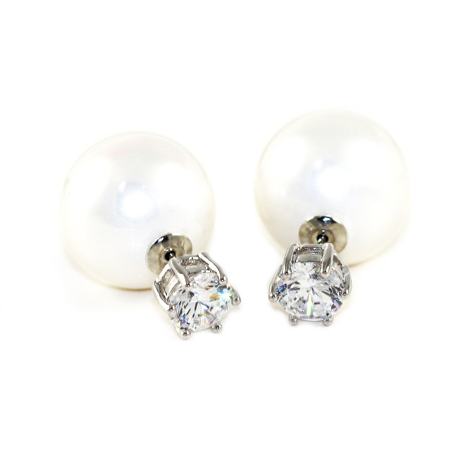 Elegant Pearl Drop Earrings featuring 18k white gold plating and sparkling cubic zirconia with imitation pearl back.