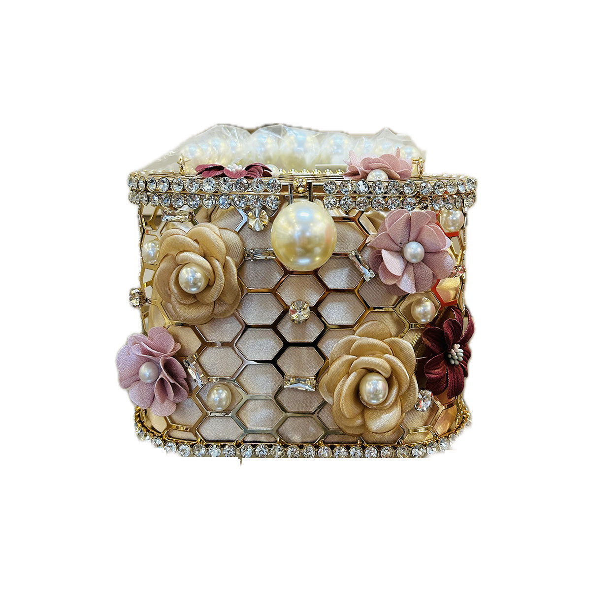 Elegant pearl handle handbag with flower detail, showcasing a stylish design perfect for any occasion.