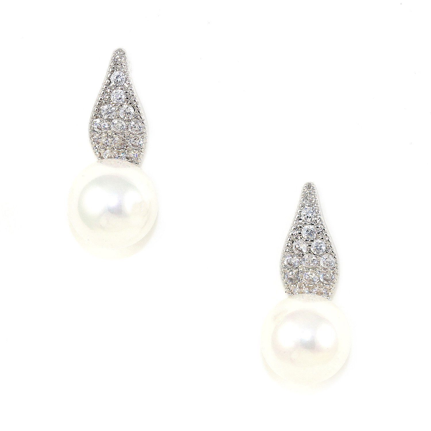 Elegant Pearl Petal Earrings featuring sparkling CZ crystals and a glass pearl, plated in 18k white gold.