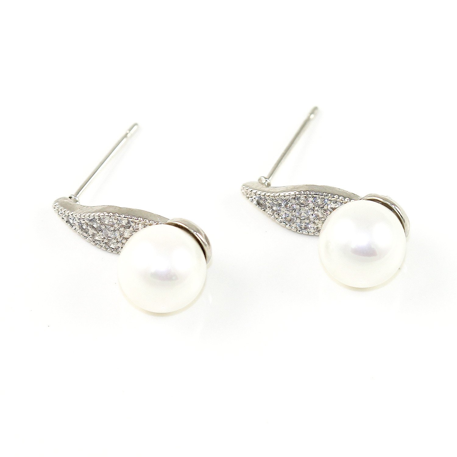 Elegant Pearl Petal Earrings featuring sparkling CZ crystals and a glass pearl, plated in 18k white gold.