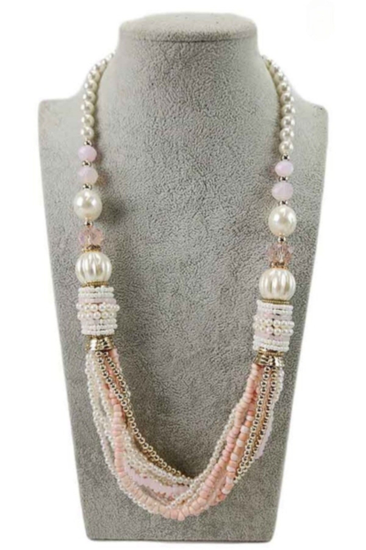 Elegant pearl and beaded necklace with lobster claw clasp and extender.