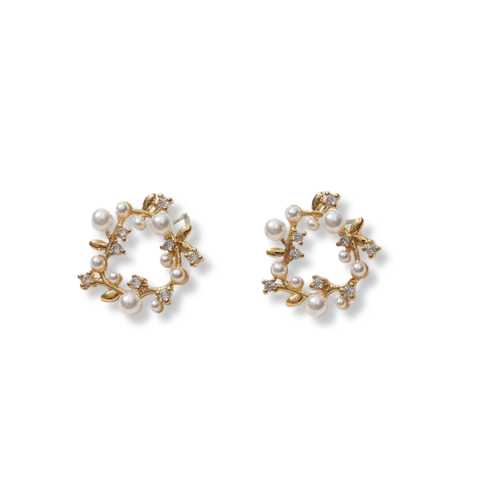 Elegant gold-plated pearl wreath earrings adorned with small diamonds, showcasing a luxurious and sophisticated design.