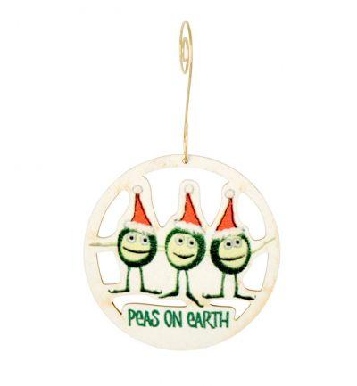 Peas on Earth Ornament #9970 made from eco-friendly birch wood or recycled paper, featuring a laser-cut design and glossy finish.