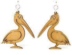 A pair of tan Pelican Earrings #1102, handcrafted from sustainably sourced wood with silver-finished stainless steel ear wires, showcasing a unique laser-cut design.