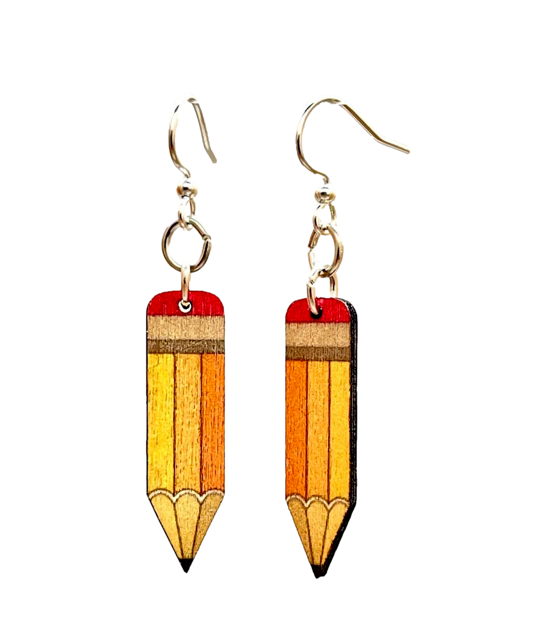 Stylish Pencil Earrings made from sustainably sourced wood with silver-finished stainless steel ear wires, featuring a unique design.