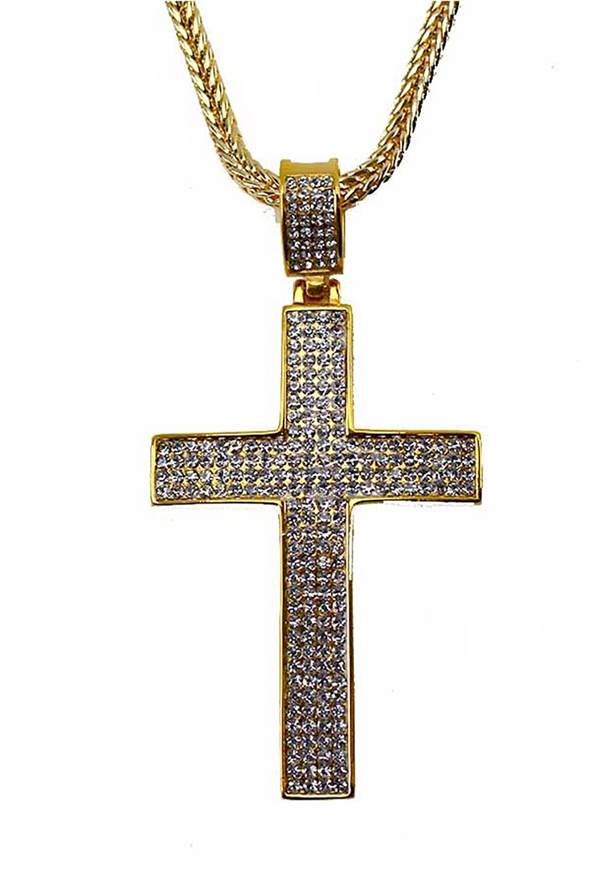 Elegant crystal cross pendant necklace on a fox chain, showcasing its intricate design and secure lobster claw clasp.