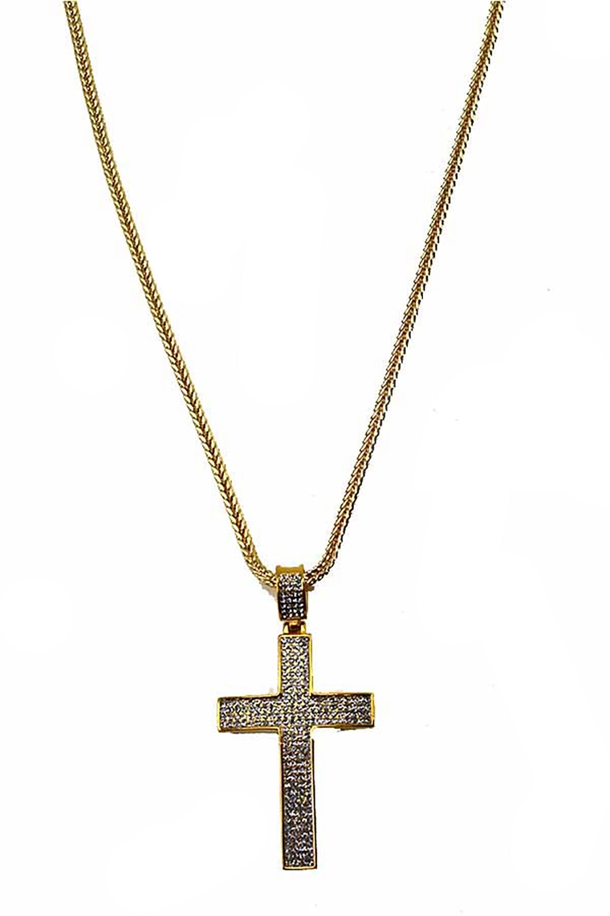 Elegant crystal cross pendant necklace on a fox chain, showcasing its intricate design and secure lobster claw clasp.