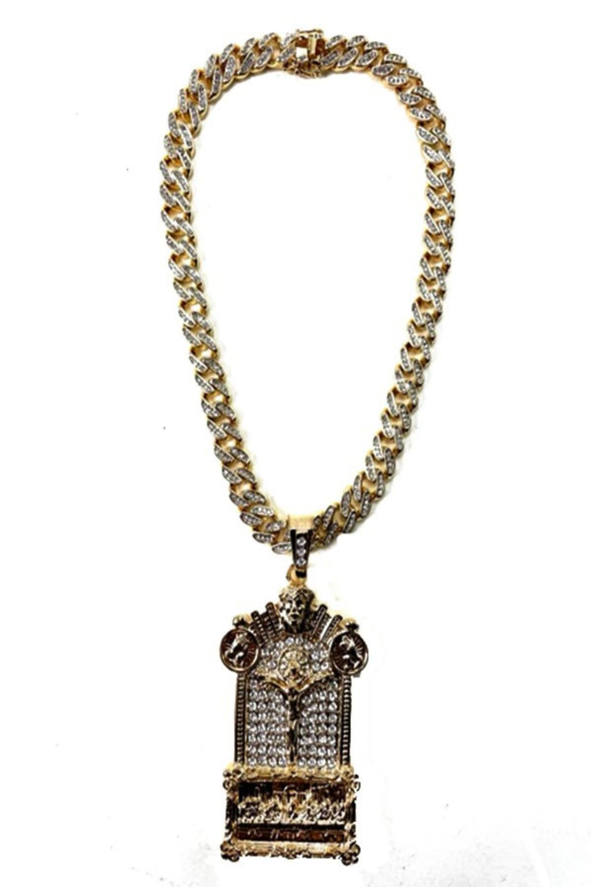 Hip Hop Rhinestone Pendant Necklace featuring a large sparkling pendant on an 18-inch chain.