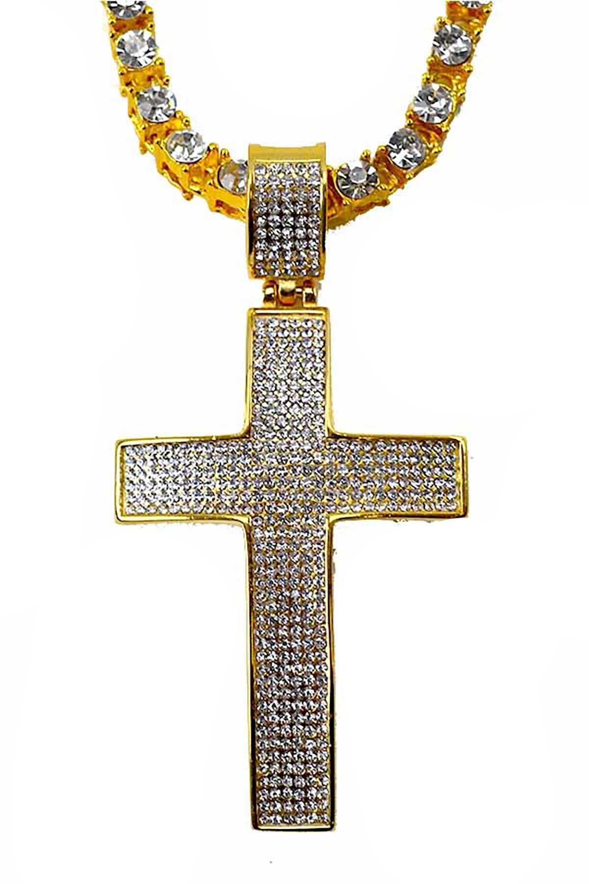 Elegant crystal cross pendant necklace with a crystal chain, featuring a lobster claw clasp and measuring 28 inches in length.