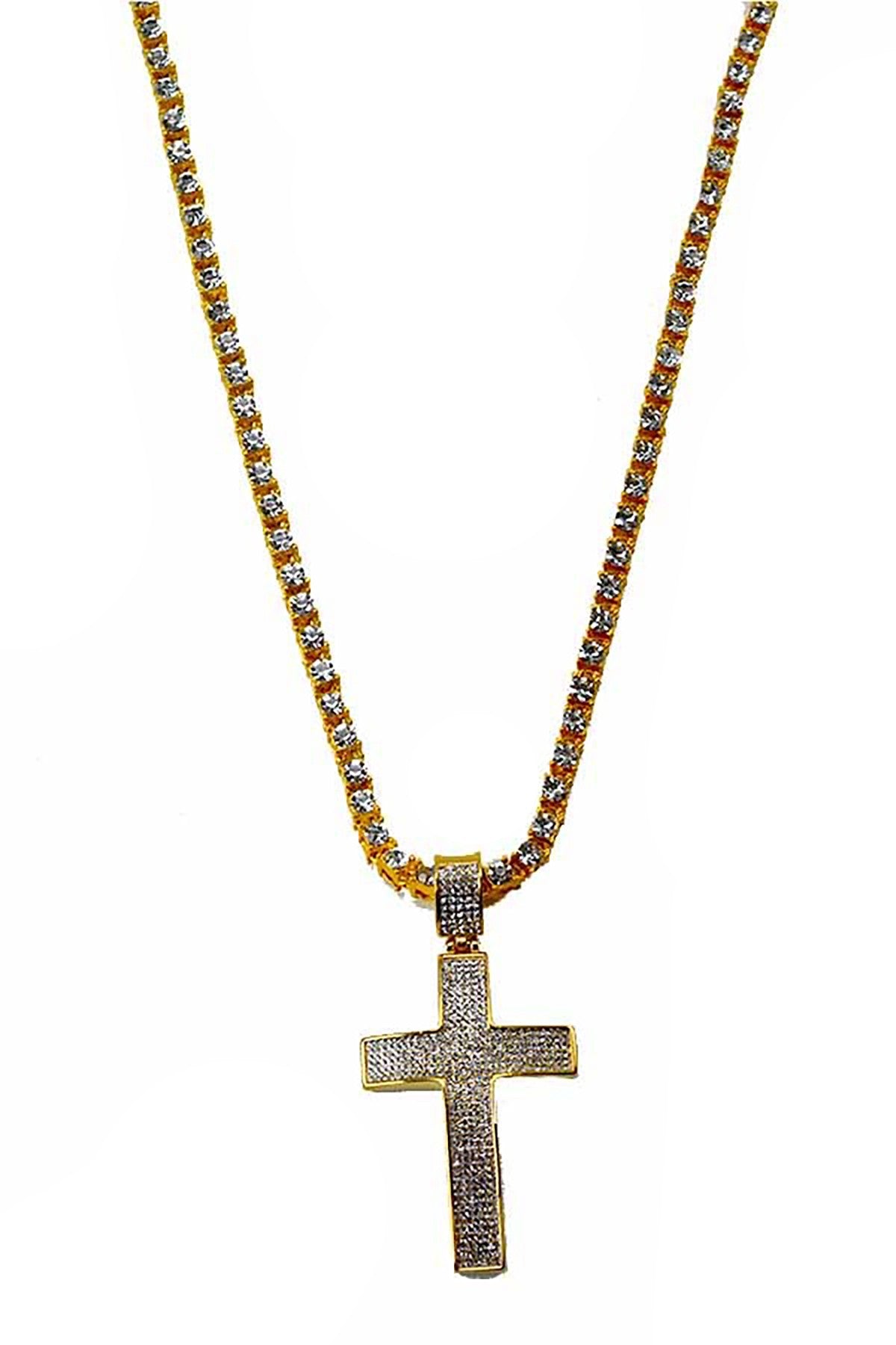 Elegant crystal cross pendant necklace with a crystal chain, featuring a lobster claw clasp and measuring 28 inches in length.