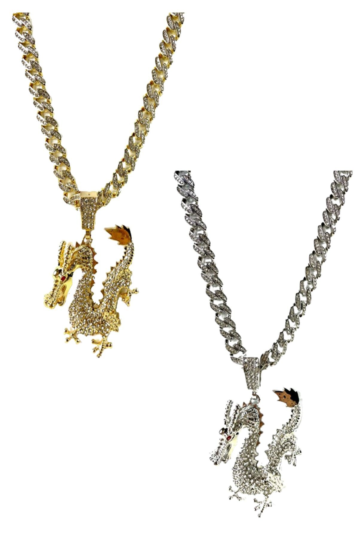 Hip Hop Rhinestone Dragon Pendant Necklace with sparkling rhinestones and intricate dragon design.